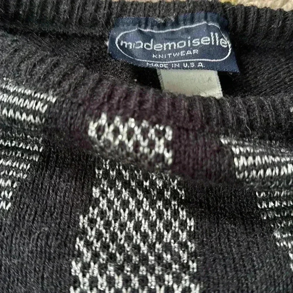 Madamesielle oh wow, vintage 80s black metallic silver art deco sweater M - Picture 2 of 4